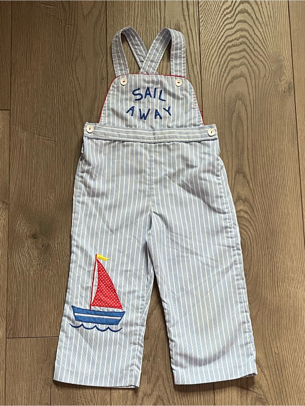 Vintage Tiny Tots Original Sail Away Sailboat Blue Striped Toddler 3 Overalls